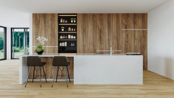 Không gian phòng bếp được thiết kế theo phong cách nội thất mộc mạc Rustic.