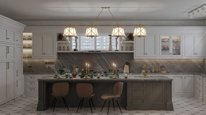 Mẫu phòng bếp với gạch ốp sàn họa tiết tinh xảo kết hợp với tông màu trắng tinh khôi tạo sự sang trọng, quý phái